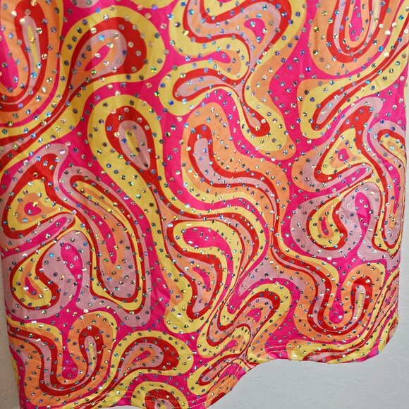Retro 70s-Inspired Bell Sleeve Dress Swirl Print Pink/Orange/Yellow Besser Bay - Picture 7 of 8